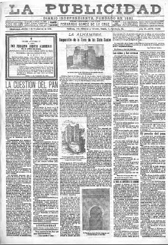 'La publicidad  : diario de avisos noticias y telegramas. Eco fiel de la opinión y verdadero defensor de los intereses morales y materiales de Granada y su provincia' - Año XL Número 18379  - 1920 Noviembre 02