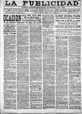 'La publicidad  : diario de avisos noticias y telegramas. Eco fiel de la opinión y verdadero defensor de los intereses morales y materiales de Granada y su provincia' - Año XLI Número 18428  - 1921 Enero 01