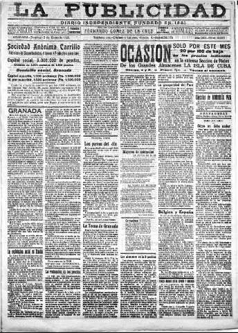 'La publicidad  : diario de avisos noticias y telegramas. Eco fiel de la opinión y verdadero defensor de los intereses morales y materiales de Granada y su provincia' - Año XLI Número 18429  - 1921 Enero 02