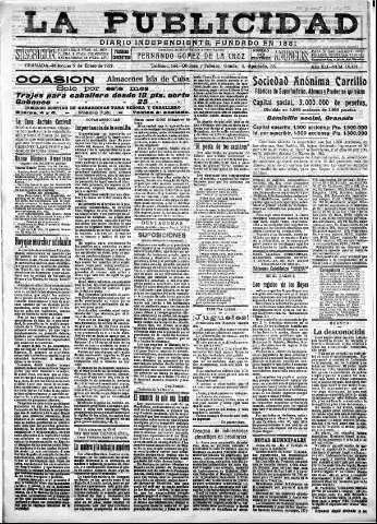 'La publicidad  : diario de avisos noticias y telegramas. Eco fiel de la opinión y verdadero defensor de los intereses morales y materiales de Granada y su provincia' - Año XLI Número 18431  - 1921 Enero 05