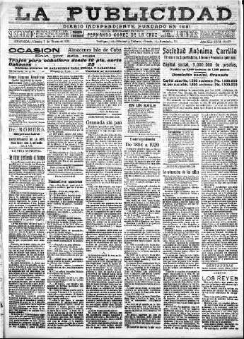 'La publicidad  : diario de avisos noticias y telegramas. Eco fiel de la opinión y verdadero defensor de los intereses morales y materiales de Granada y su provincia' - Año XLI Número 18433  - 1921 Enero 07