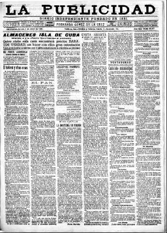 'La publicidad  : diario de avisos noticias y telegramas. Eco fiel de la opinión y verdadero defensor de los intereses morales y materiales de Granada y su provincia' - Año XLI Número 18507  - 1921 Abril 07