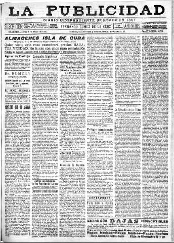 'La publicidad  : diario de avisos noticias y telegramas. Eco fiel de la opinión y verdadero defensor de los intereses morales y materiales de Granada y su provincia' - Año XLI Número 18531  - 1921 Mayo 05