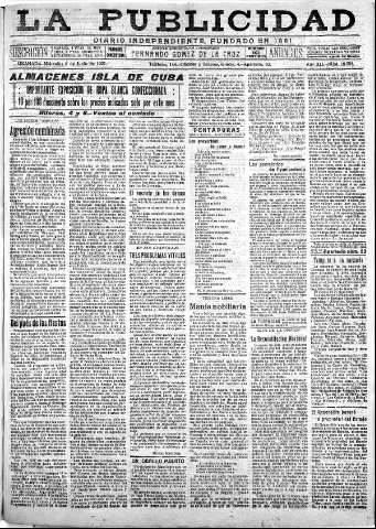 'La publicidad  : diario de avisos noticias y telegramas. Eco fiel de la opinión y verdadero defensor de los intereses morales y materiales de Granada y su provincia' - Año XLI Número 18558  - 1921 Junio 08