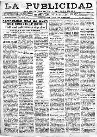 'La publicidad  : diario de avisos noticias y telegramas. Eco fiel de la opinión y verdadero defensor de los intereses morales y materiales de Granada y su provincia' - Año XLI Número 18568  - 1921 Junio 19