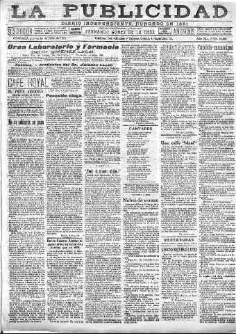 'La publicidad  : diario de avisos noticias y telegramas. Eco fiel de la opinión y verdadero defensor de los intereses morales y materiales de Granada y su provincia' - Año XLI Número 18589  - 1921 Julio 14
