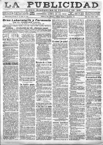 'La publicidad  : diario de avisos noticias y telegramas. Eco fiel de la opinión y verdadero defensor de los intereses morales y materiales de Granada y su provincia' - Año XLI Número 18591  - 1921 Julio 16