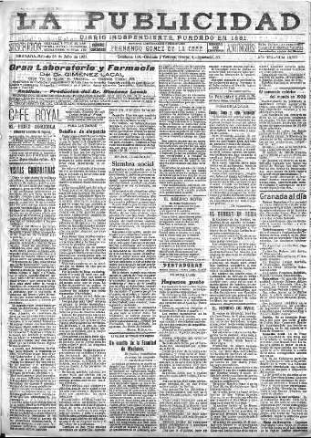 'La publicidad  : diario de avisos noticias y telegramas. Eco fiel de la opinión y verdadero defensor de los intereses morales y materiales de Granada y su provincia' - Año XLI Número 18597  - 1921 Julio 23