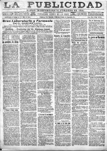 'La publicidad  : diario de avisos noticias y telegramas. Eco fiel de la opinión y verdadero defensor de los intereses morales y materiales de Granada y su provincia' - Año XLI Número 18598  - 1921 Julio 24
