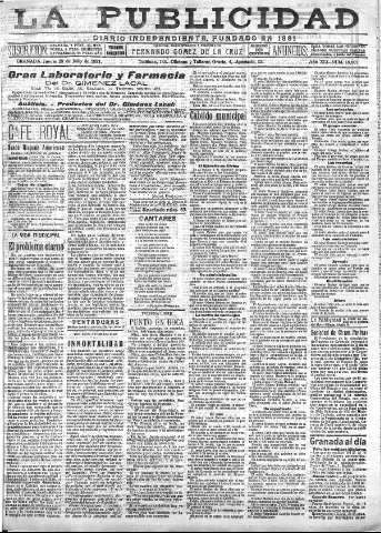 'La publicidad  : diario de avisos noticias y telegramas. Eco fiel de la opinión y verdadero defensor de los intereses morales y materiales de Granada y su provincia' - Año XLI Número 18601  - 1921 Julio 28