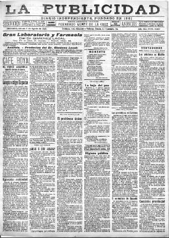 'La publicidad  : diario de avisos noticias y telegramas. Eco fiel de la opinión y verdadero defensor de los intereses morales y materiales de Granada y su provincia' - Año XLI Número 18609  - 1921 Agosto 06