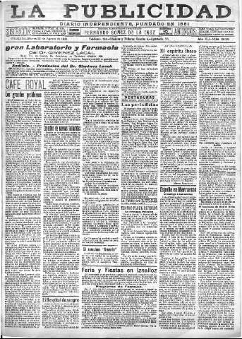 'La publicidad  : diario de avisos noticias y telegramas. Eco fiel de la opinión y verdadero defensor de los intereses morales y materiales de Granada y su provincia' - Año XLI Número 18623  - 1921 Agosto 23
