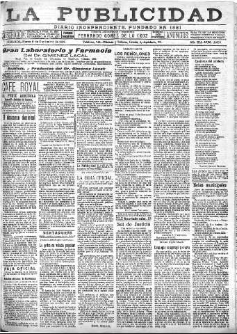 'La publicidad  : diario de avisos noticias y telegramas. Eco fiel de la opinión y verdadero defensor de los intereses morales y materiales de Granada y su provincia' - Año XLI Número 18635  - 1921 Septiembre 06