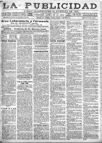 'La publicidad  : diario de avisos noticias y telegramas. Eco fiel de la opinión y verdadero defensor de los intereses morales y materiales de Granada y su provincia' - Año XLI Número 18637  - 1921 Septiembre 08