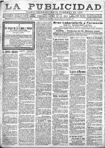 'La publicidad  : diario de avisos noticias y telegramas. Eco fiel de la opinión y verdadero defensor de los intereses morales y materiales de Granada y su provincia' - Año XLI Número 18641  - 1921 Septiembre 13