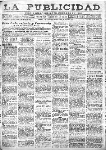 'La publicidad  : diario de avisos noticias y telegramas. Eco fiel de la opinión y verdadero defensor de los intereses morales y materiales de Granada y su provincia' - Año XLI Número 18643  - 1921 Septiembre 15