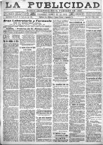 'La publicidad  : diario de avisos noticias y telegramas. Eco fiel de la opinión y verdadero defensor de los intereses morales y materiales de Granada y su provincia' - Año XLI Número 18653  - 1921 Septiembre 27