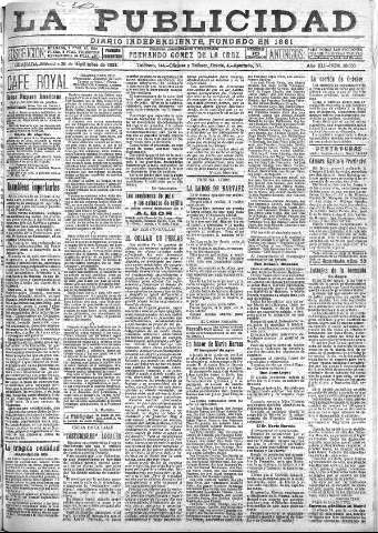 'La publicidad  : diario de avisos noticias y telegramas. Eco fiel de la opinión y verdadero defensor de los intereses morales y materiales de Granada y su provincia' - Año XLI Número 18655  - 1921 Septiembre 28