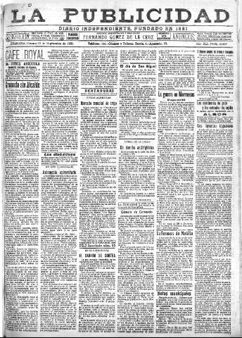 'La publicidad  : diario de avisos noticias y telegramas. Eco fiel de la opinión y verdadero defensor de los intereses morales y materiales de Granada y su provincia' - Año XLI Número 18657  - 1921 Septiembre 30