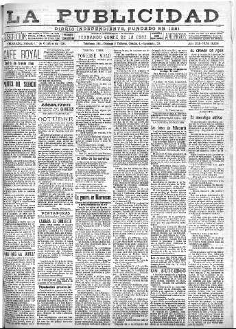 'La publicidad  : diario de avisos noticias y telegramas. Eco fiel de la opinión y verdadero defensor de los intereses morales y materiales de Granada y su provincia' - Año XLI Número 18658  - 1921 Octubre 01