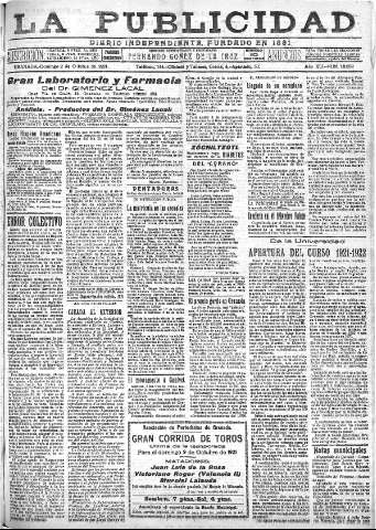 'La publicidad  : diario de avisos noticias y telegramas. Eco fiel de la opinión y verdadero defensor de los intereses morales y materiales de Granada y su provincia' - Año XLI Número 18659  - 1921 Octubre 02