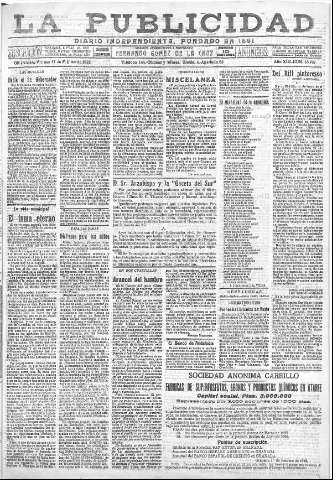 'La publicidad  : diario de avisos noticias y telegramas. Eco fiel de la opinión y verdadero defensor de los intereses morales y materiales de Granada y su provincia' - Año XLII Número 18767  - 1922 Febrero 17