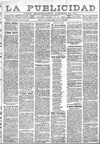 'La publicidad  : diario de avisos noticias y telegramas. Eco fiel de la opinión y verdadero defensor de los intereses morales y materiales de Granada y su provincia' - Año XLII Número 18789  - 1922 Marzo 15