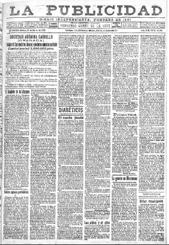 'La publicidad  : diario de avisos noticias y telegramas. Eco fiel de la opinión y verdadero defensor de los intereses morales y materiales de Granada y su provincia' - Año XLII Número 18794  - 1922 Marzo 21