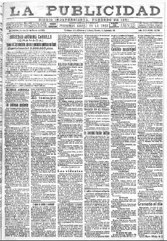'La publicidad  : diario de avisos noticias y telegramas. Eco fiel de la opinión y verdadero defensor de los intereses morales y materiales de Granada y su provincia' - Año XLII Número 18796  - 1922 Marzo 23