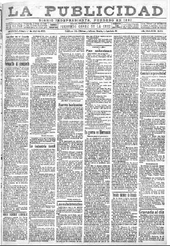 'La publicidad  : diario de avisos noticias y telegramas. Eco fiel de la opinión y verdadero defensor de los intereses morales y materiales de Granada y su provincia' - Año XLII Número 18804  - 1922 Abril 01