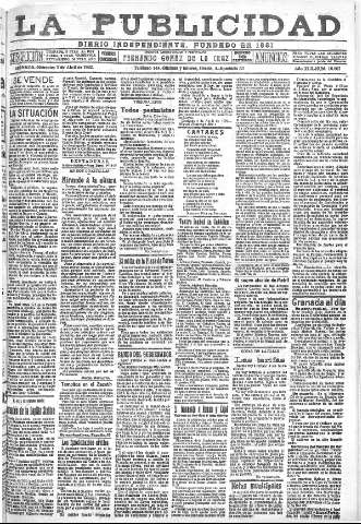 'La publicidad  : diario de avisos noticias y telegramas. Eco fiel de la opinión y verdadero defensor de los intereses morales y materiales de Granada y su provincia' - Año XLII Número 18807  - 1922 Abril 05