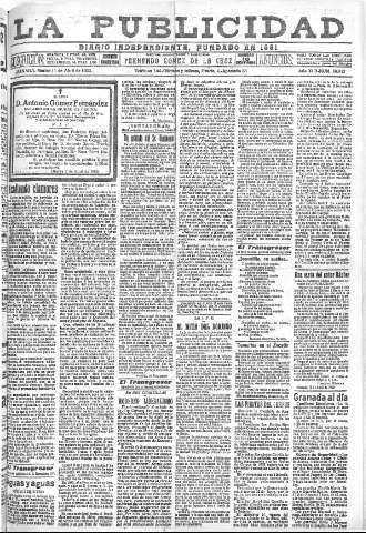 'La publicidad  : diario de avisos noticias y telegramas. Eco fiel de la opinión y verdadero defensor de los intereses morales y materiales de Granada y su provincia' - Año XLII Número 18812  - 1922 Abril 11