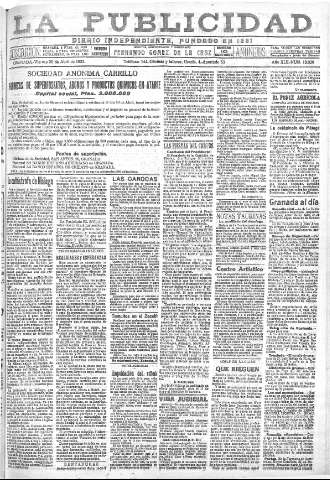 'La publicidad  : diario de avisos noticias y telegramas. Eco fiel de la opinión y verdadero defensor de los intereses morales y materiales de Granada y su provincia' - Año XLII Número 18826  - 1922 Abril 28