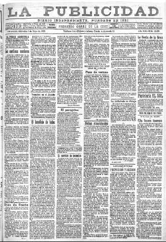 'La publicidad  : diario de avisos noticias y telegramas. Eco fiel de la opinión y verdadero defensor de los intereses morales y materiales de Granada y su provincia' - Año XLII Número 18829  - 1922 Mayo 03