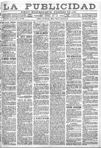 'La publicidad  : diario de avisos noticias y telegramas. Eco fiel de la opinión y verdadero defensor de los intereses morales y materiales de Granada y su provincia' - Año XLII Número 18830  - 1922 Mayo 04