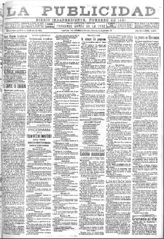 'La publicidad  : diario de avisos noticias y telegramas. Eco fiel de la opinión y verdadero defensor de los intereses morales y materiales de Granada y su provincia' - Año XLII Número 18834  - 1922 Mayo 11