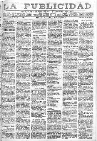 'La publicidad  : diario de avisos noticias y telegramas. Eco fiel de la opinión y verdadero defensor de los intereses morales y materiales de Granada y su provincia' - Año XLII Número 18836  - 1922 Mayo 13