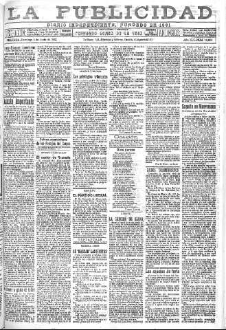'La publicidad  : diario de avisos noticias y telegramas. Eco fiel de la opinión y verdadero defensor de los intereses morales y materiales de Granada y su provincia' - Año XLII Número 18854  - 1922 Junio 04