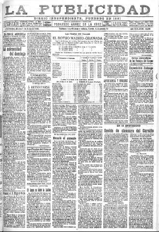 'La publicidad  : diario de avisos noticias y telegramas. Eco fiel de la opinión y verdadero defensor de los intereses morales y materiales de Granada y su provincia' - Año XLII Número 18855  - 1922 Junio 06
