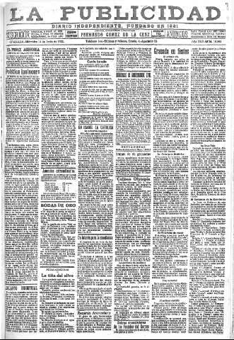 'La publicidad  : diario de avisos noticias y telegramas. Eco fiel de la opinión y verdadero defensor de los intereses morales y materiales de Granada y su provincia' - Año XLII Número 18862  - 1922 Junio 14
