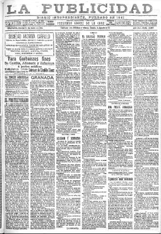 'La publicidad  : diario de avisos noticias y telegramas. Eco fiel de la opinión y verdadero defensor de los intereses morales y materiales de Granada y su provincia' - Año XLII Número 18866  - 1922 Junio 20