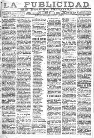 'La publicidad  : diario de avisos noticias y telegramas. Eco fiel de la opinión y verdadero defensor de los intereses morales y materiales de Granada y su provincia' - Año XLII Número 18872  - 1922 Junio 27