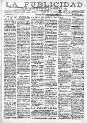 'La publicidad  : diario de avisos noticias y telegramas. Eco fiel de la opinión y verdadero defensor de los intereses morales y materiales de Granada y su provincia' - Año XLII Número 18892  - 1922 Julio 20