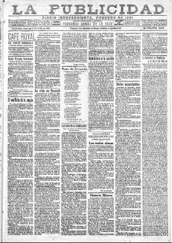 'La publicidad  : diario de avisos noticias y telegramas. Eco fiel de la opinión y verdadero defensor de los intereses morales y materiales de Granada y su provincia' - Año XLII Número 18895  - 1922 Julio 23