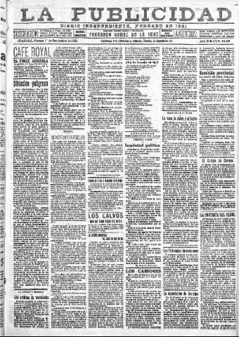 'La publicidad  : diario de avisos noticias y telegramas. Eco fiel de la opinión y verdadero defensor de los intereses morales y materiales de Granada y su provincia' - Año XLII Número 18929  - 1922 Septiembre 01