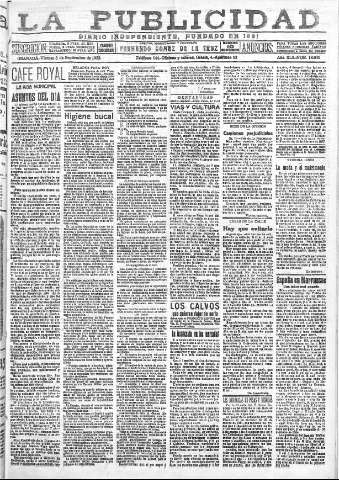 'La publicidad  : diario de avisos noticias y telegramas. Eco fiel de la opinión y verdadero defensor de los intereses morales y materiales de Granada y su provincia' - Año XLII Número 18935  - 1922 Septiembre 08