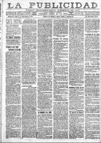 'La publicidad  : diario de avisos noticias y telegramas. Eco fiel de la opinión y verdadero defensor de los intereses morales y materiales de Granada y su provincia' - Año XLII Número 18936  - 1922 Septiembre 09