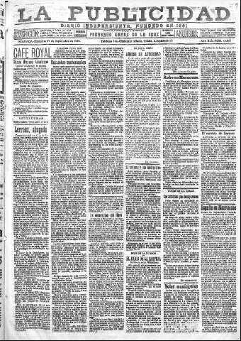 'La publicidad  : diario de avisos noticias y telegramas. Eco fiel de la opinión y verdadero defensor de los intereses morales y materiales de Granada y su provincia' - Año XLII Número 18951  - 1922 Septiembre 27
