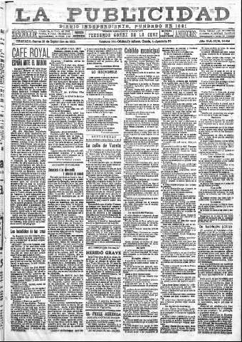 'La publicidad  : diario de avisos noticias y telegramas. Eco fiel de la opinión y verdadero defensor de los intereses morales y materiales de Granada y su provincia' - Año XLII Número 18952  - 1922 Septiembre 28