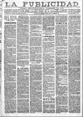 'La publicidad  : diario de avisos noticias y telegramas. Eco fiel de la opinión y verdadero defensor de los intereses morales y materiales de Granada y su provincia' - Año XLII Número 18953  - 1922 Septiembre 29